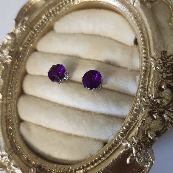 Purple And Silver Tone Stud Earrings - Picture 2 of 3